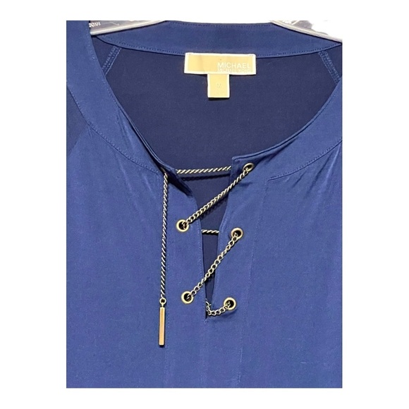 Michael Kors Chain Detail Babydoll Top Navy Long Bishop Sleeve Peplum Blouse - Picture 3 of 3